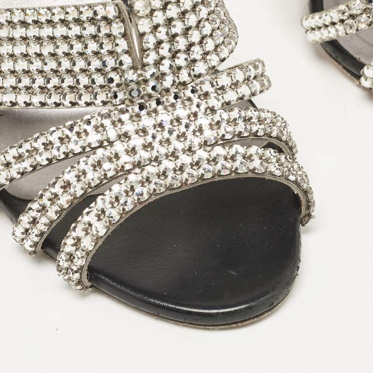 مملوكة مسبقًا Gina Silver Crystal Embellished Leather Open Toe Sandals Size 40
