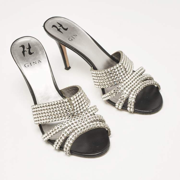 مملوكة مسبقًا Gina Silver Crystal Embellished Leather Open Toe Sandals Size 40