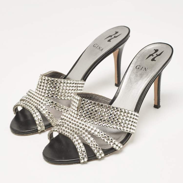 مملوكة مسبقًا Gina Silver Crystal Embellished Leather Open Toe Sandals Size 40