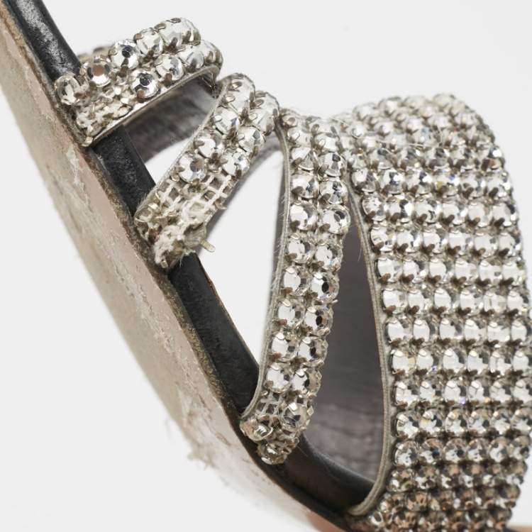 مملوكة مسبقًا Gina Silver Crystal Embellished Leather Open Toe Sandals Size 40