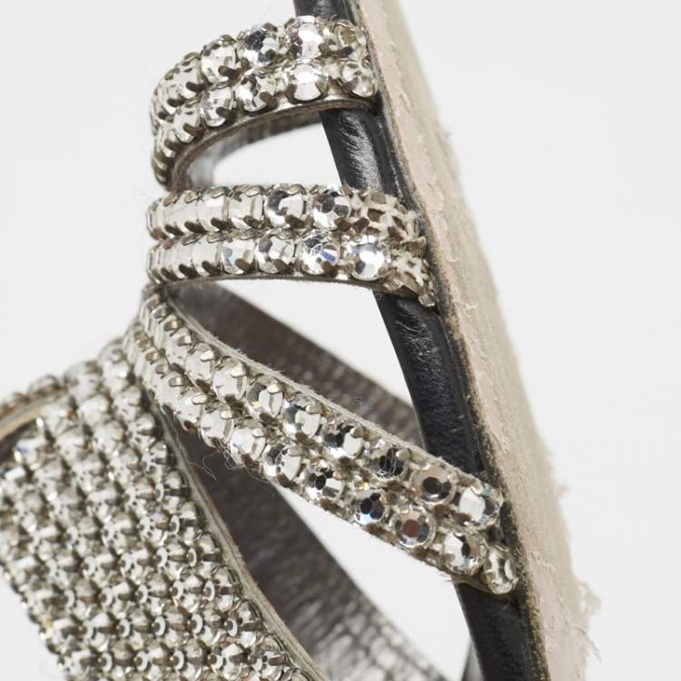 مملوكة مسبقًا Gina Silver Crystal Embellished Leather Open Toe Sandals Size 40