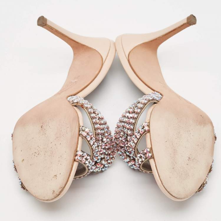 Pre Owned Gina Beige Leather Crystal Embellished Slide Sandals Size 36.5