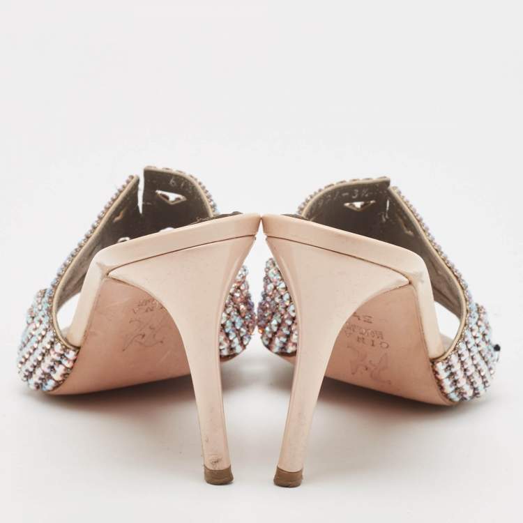 Pre Owned Gina Beige Leather Crystal Embellished Slide Sandals Size 36.5