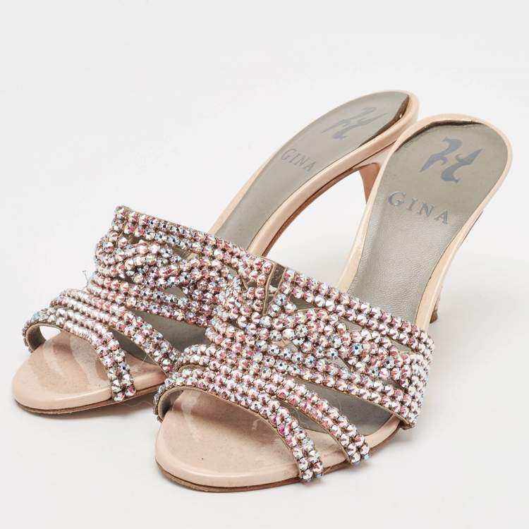 Pre Owned Gina Beige Leather Crystal Embellished Slide Sandals Size 36.5