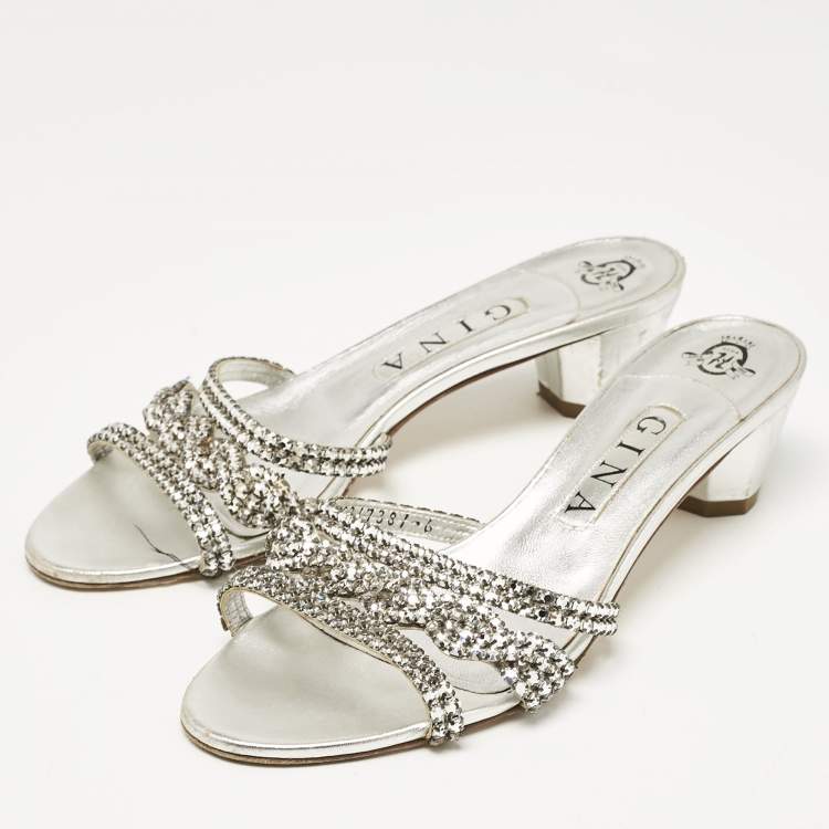 Pre Owned Gina Silver Leather Crystal Embellished Slide Sandals Size 39