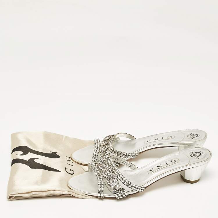 Pre Owned Gina Silver Leather Crystal Embellished Slide Sandals Size 39