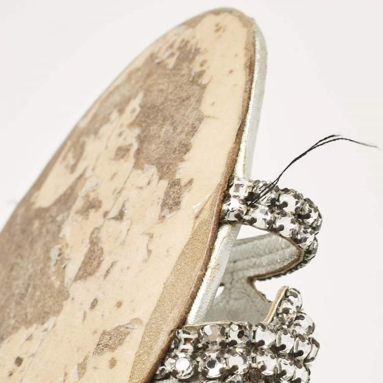 Pre Owned Gina Silver Leather Crystal Embellished Slide Sandals Size 39