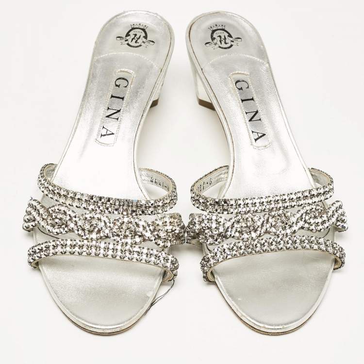 Pre Owned Gina Silver Leather Crystal Embellished Slide Sandals Size 39