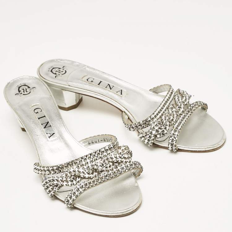 Pre Owned Gina Silver Leather Crystal Embellished Slide Sandals Size 39
