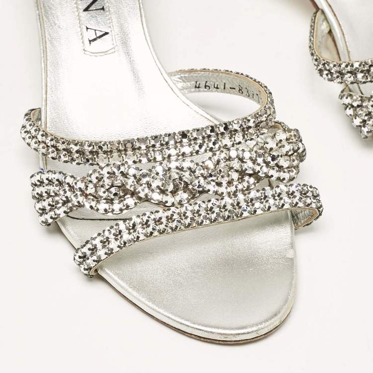 Pre Owned Gina Silver Leather Crystal Embellished Slide Sandals Size 39