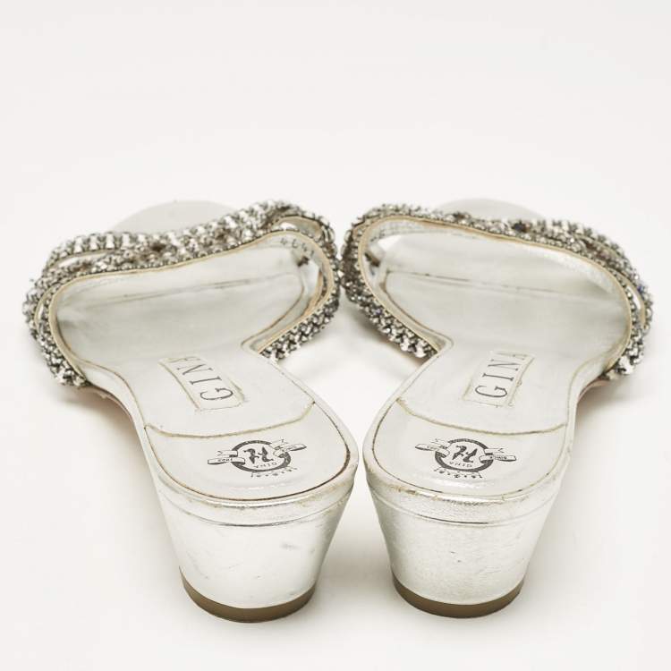 Pre Owned Gina Silver Leather Crystal Embellished Slide Sandals Size 39