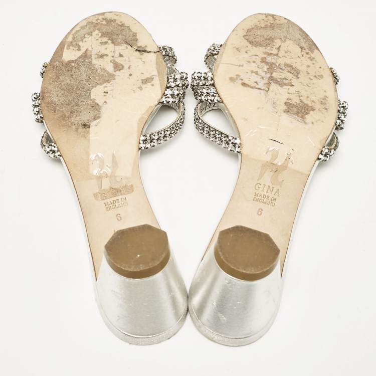 Pre Owned Gina Silver Leather Crystal Embellished Slide Sandals Size 39