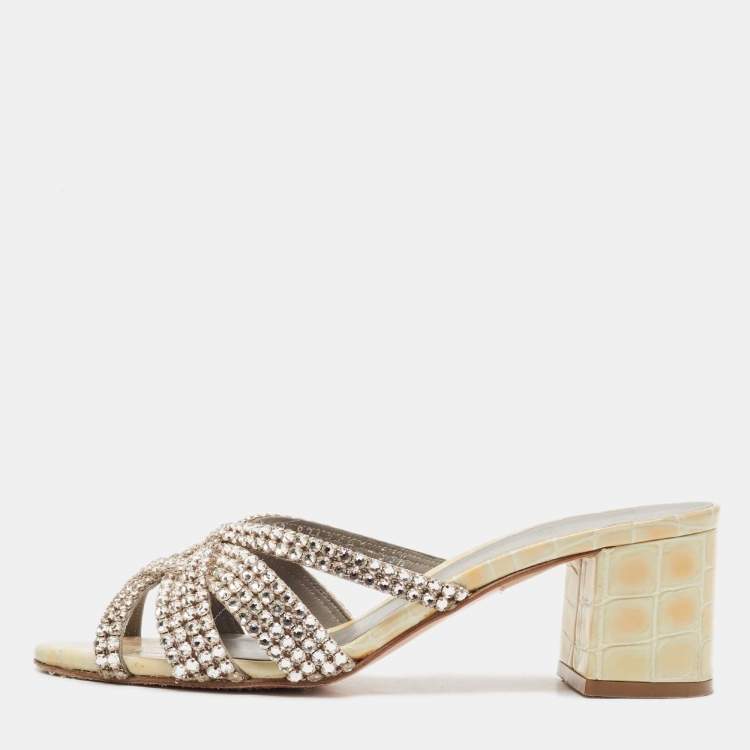 Pre Owned Gina Cream Croc Embossed Patent Leather Crystal Embellished Slide Sandals Size 36.5