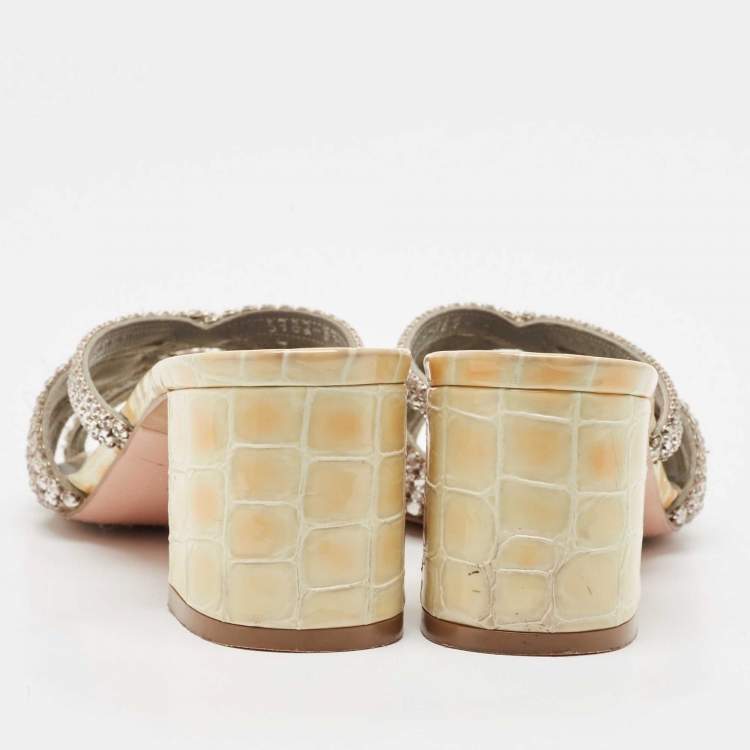 Pre Owned Gina Cream Croc Embossed Patent Leather Crystal Embellished Slide Sandals Size 36.5