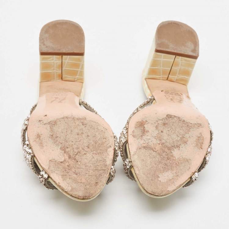 Pre Owned Gina Cream Croc Embossed Patent Leather Crystal Embellished Slide Sandals Size 36.5