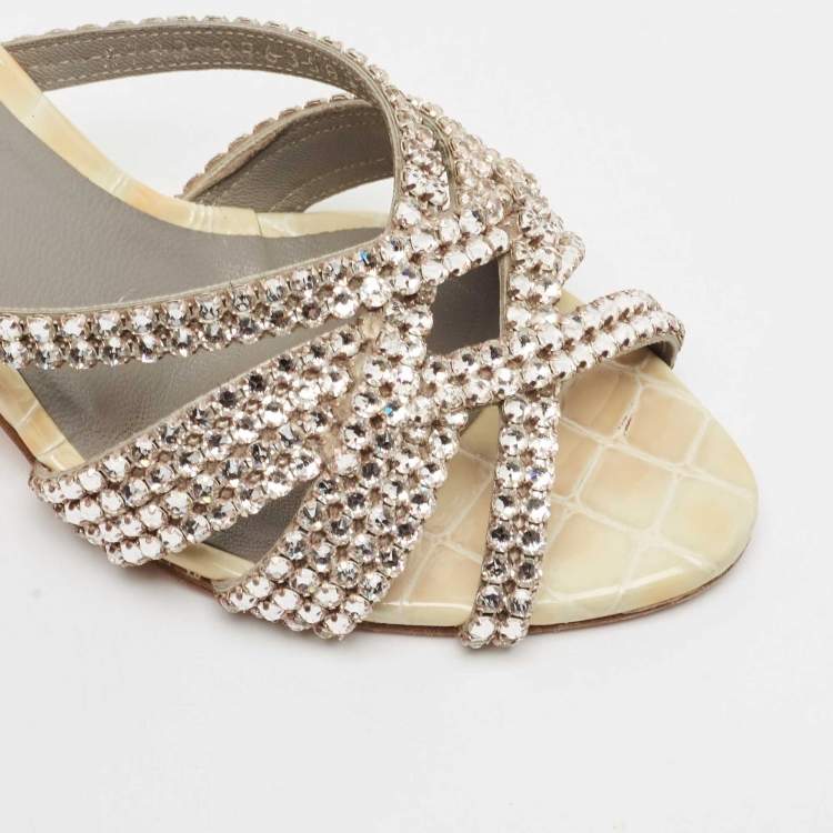 Pre Owned Gina Cream Croc Embossed Patent Leather Crystal Embellished Slide Sandals Size 36.5