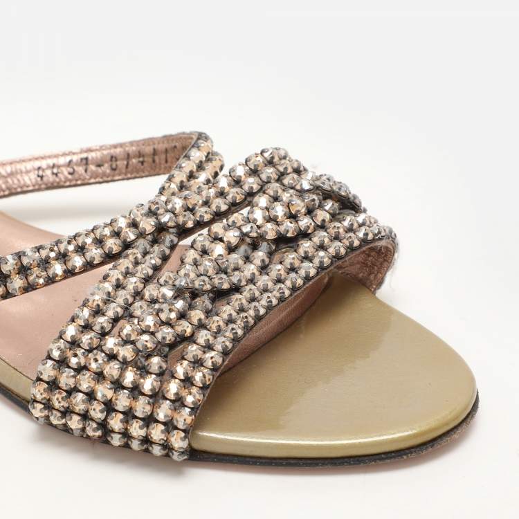 Pre Owned Gina Olive Crystals Embellished Flats Sandals Size 36