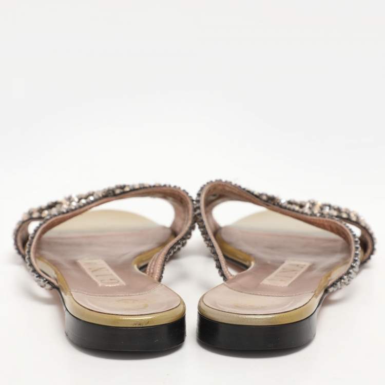Pre Owned Gina Olive Crystals Embellished Flats Sandals Size 36