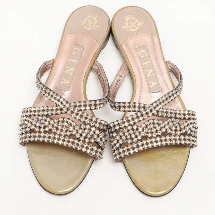 Pre Owned Gina Olive Crystals Embellished Flats Sandals Size 36
