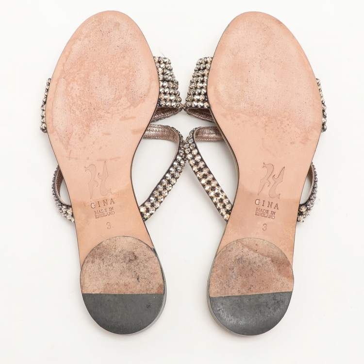 Pre Owned Gina Olive Crystals Embellished Flats Sandals Size 36