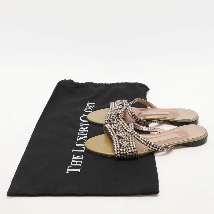 Pre Owned Gina Olive Crystals Embellished Flats Sandals Size 36