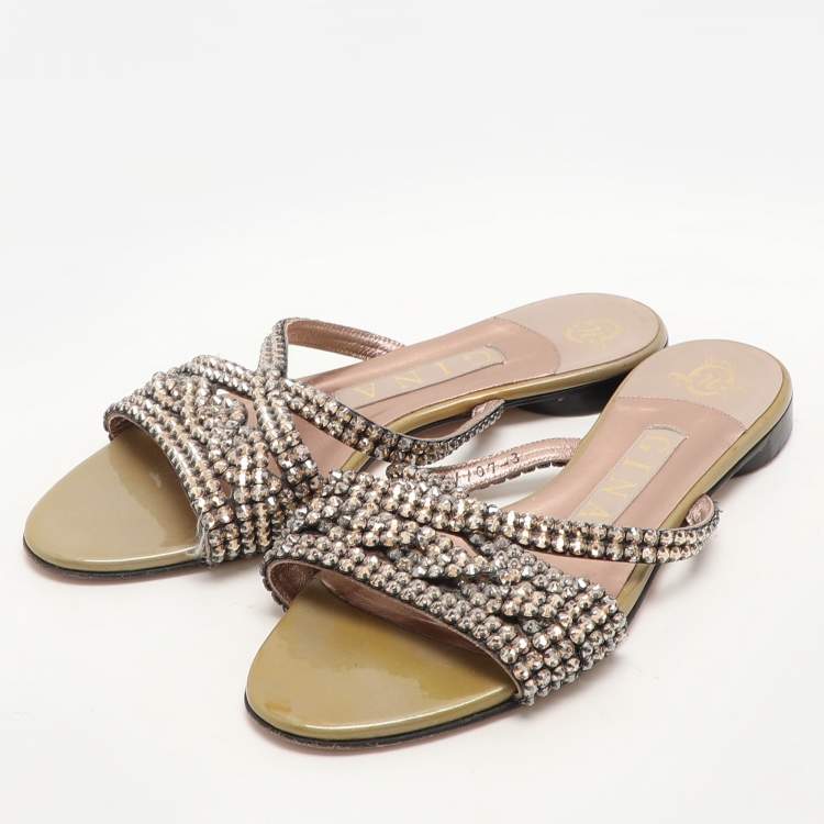 Pre Owned Gina Olive Crystals Embellished Flats Sandals Size 36