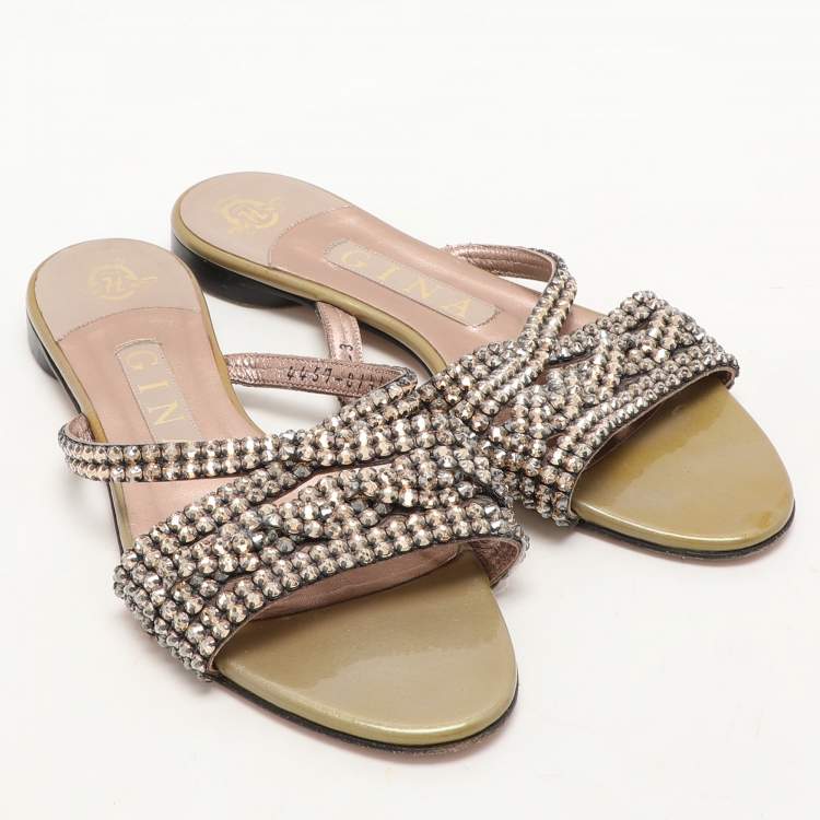 Pre Owned Gina Olive Crystals Embellished Flats Sandals Size 36