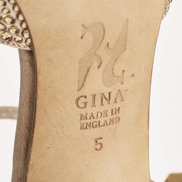 Pre Owned Gina Gold Satin Crystal Embellished Heel Ankle Strap Sandals Size 38