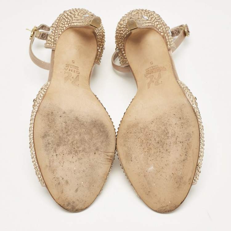 Pre Owned Gina Gold Satin Crystal Embellished Heel Ankle Strap Sandals Size 38