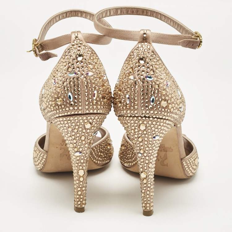 Pre Owned Gina Gold Satin Crystal Embellished Heel Ankle Strap Sandals Size 38