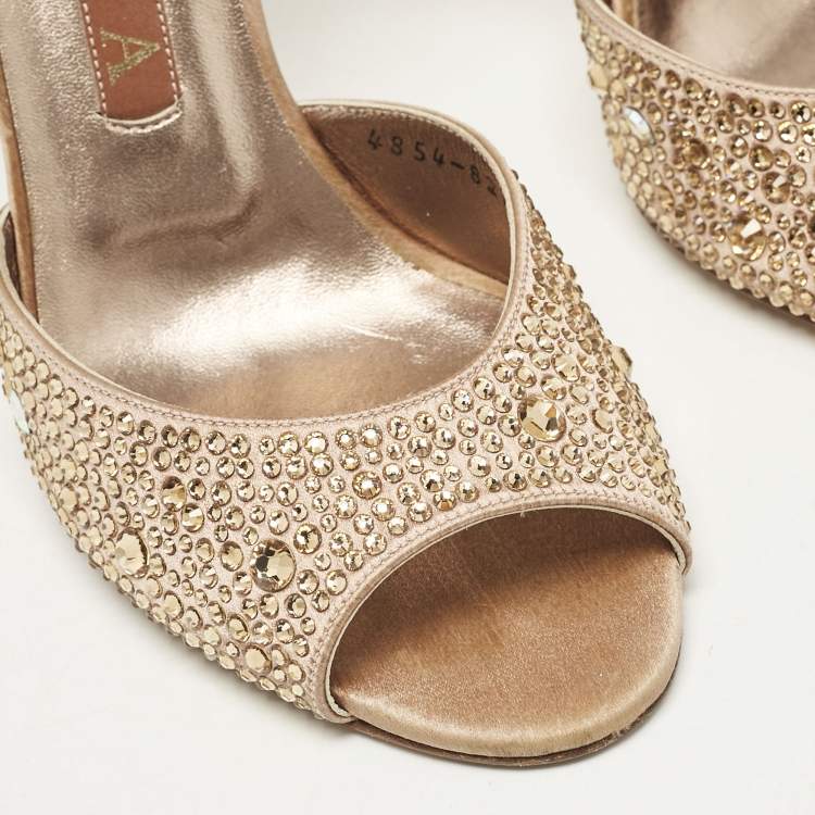 Pre Owned Gina Gold Satin Crystal Embellished Heel Ankle Strap Sandals Size 38