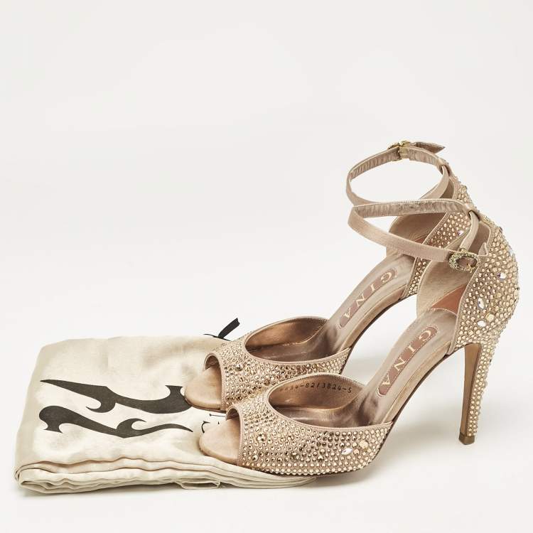 Pre Owned Gina Gold Satin Crystal Embellished Heel Ankle Strap Sandals Size 38