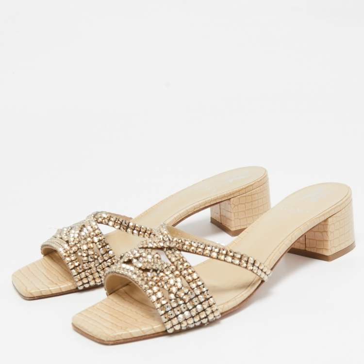 Pre Owned Gina Cream Croc Embossed Leather and Crystals Slide Sandals Size 39.5