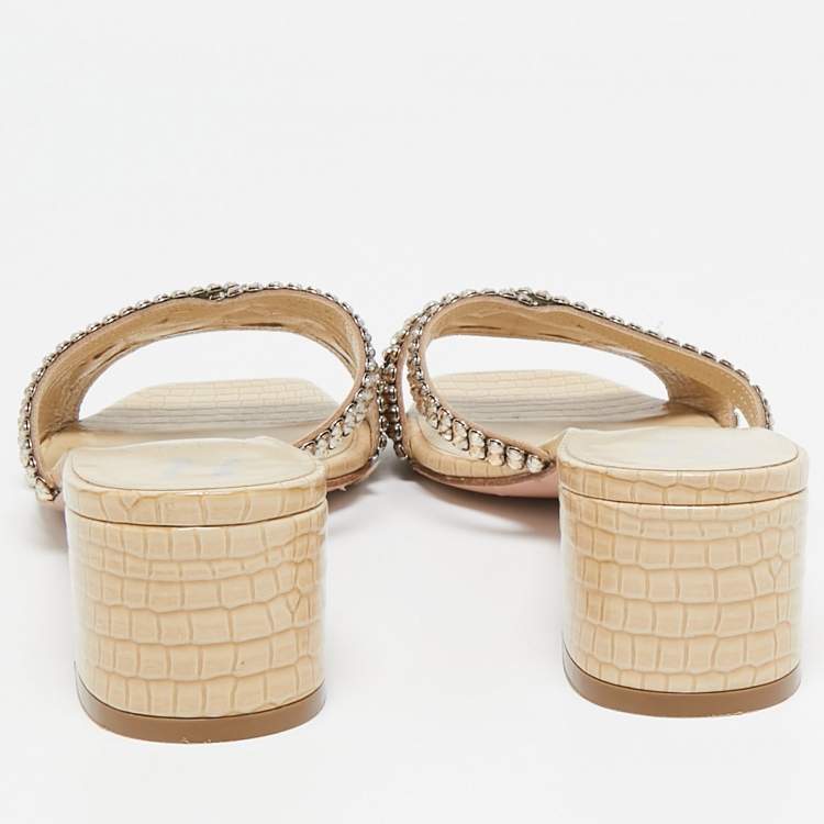 Pre Owned Gina Cream Croc Embossed Leather and Crystals Slide Sandals Size 39.5