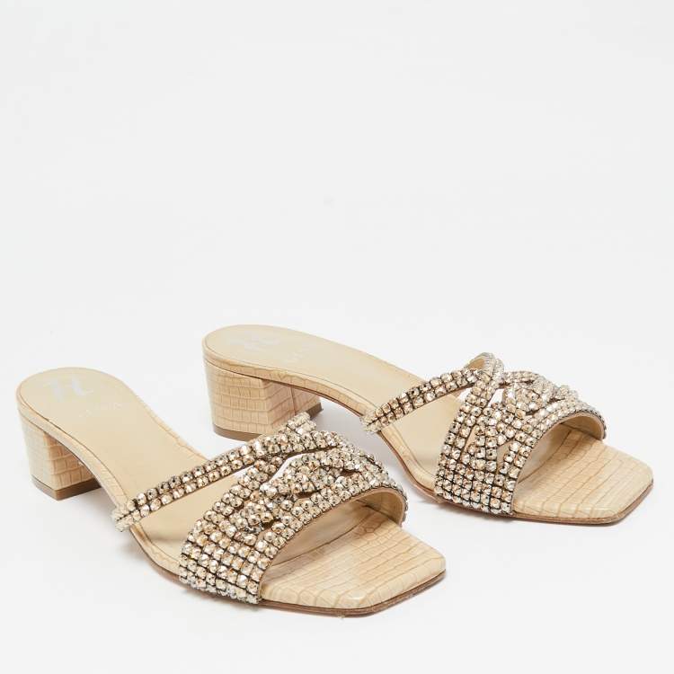 Pre Owned Gina Cream Croc Embossed Leather and Crystals Slide Sandals Size 39.5