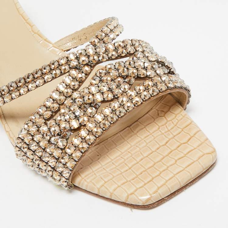 Pre Owned Gina Cream Croc Embossed Leather and Crystals Slide Sandals Size 39.5
