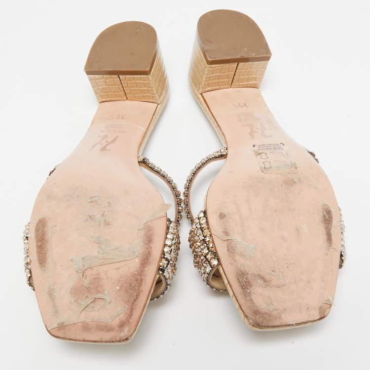 Pre Owned Gina Cream Croc Embossed Leather and Crystals Slide Sandals Size 39.5