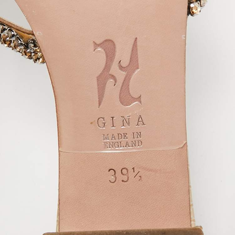 Pre Owned Gina Cream Croc Embossed Leather and Crystals Slide Sandals Size 39.5