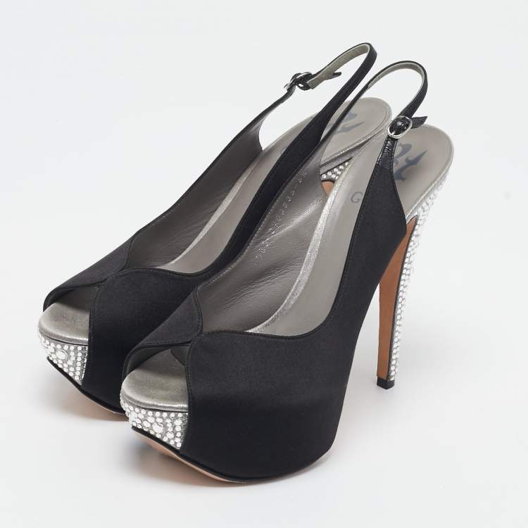 Pre Owned Gina Black Satin Crystal Platform  Slingback Sandals Size 38.5