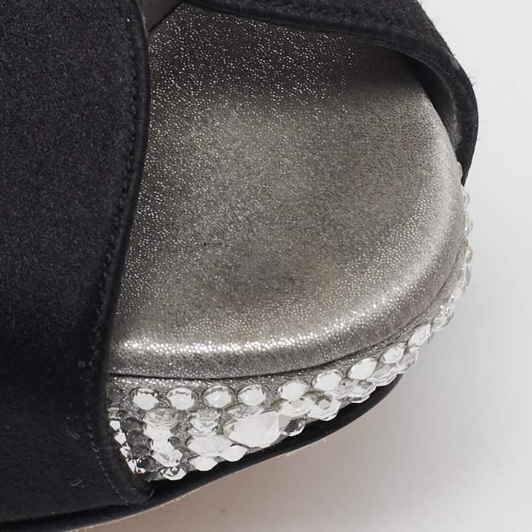 Pre Owned Gina Black Satin Crystal Platform  Slingback Sandals Size 38.5