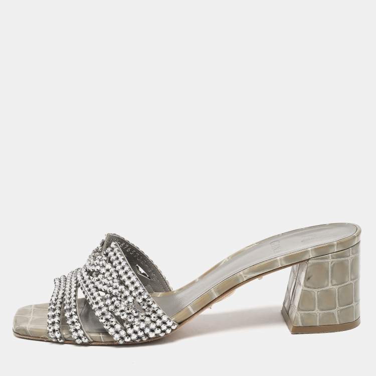 Pre Owned Gina Green Crystal Embellished Croc Embossed Rodeo Slide Sandals Size 39.5