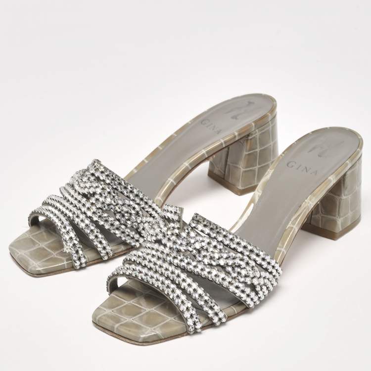 Pre Owned Gina Green Crystal Embellished Croc Embossed Rodeo Slide Sandals Size 39.5