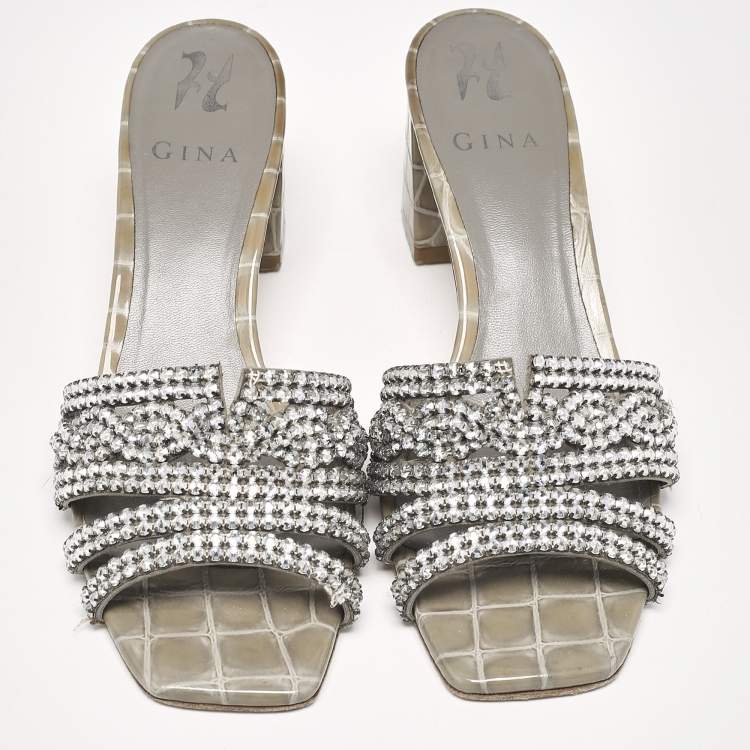 Pre Owned Gina Green Crystal Embellished Croc Embossed Rodeo Slide Sandals Size 39.5