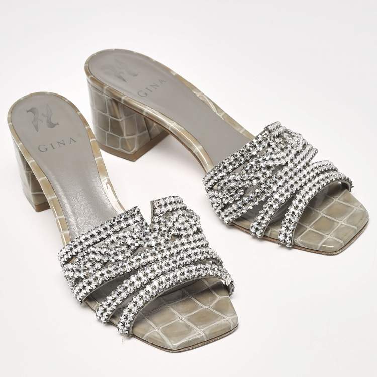 Pre Owned Gina Green Crystal Embellished Croc Embossed Rodeo Slide Sandals Size 39.5