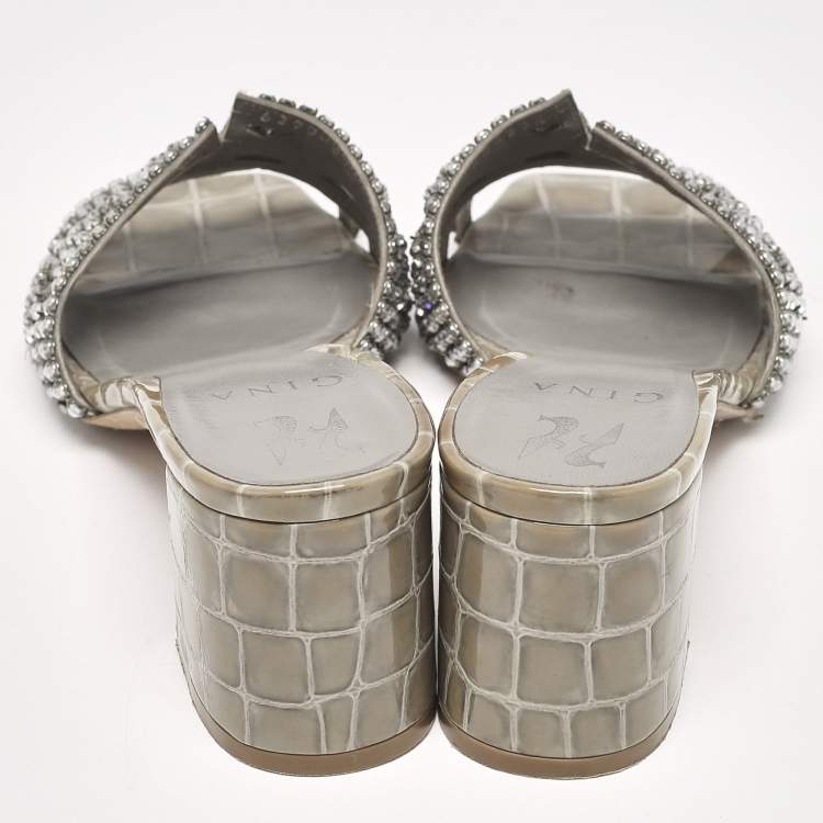 Pre Owned Gina Green Crystal Embellished Croc Embossed Rodeo Slide Sandals Size 39.5