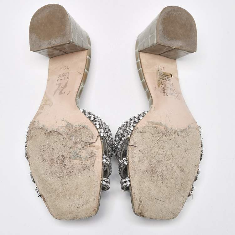 Pre Owned Gina Green Crystal Embellished Croc Embossed Rodeo Slide Sandals Size 39.5