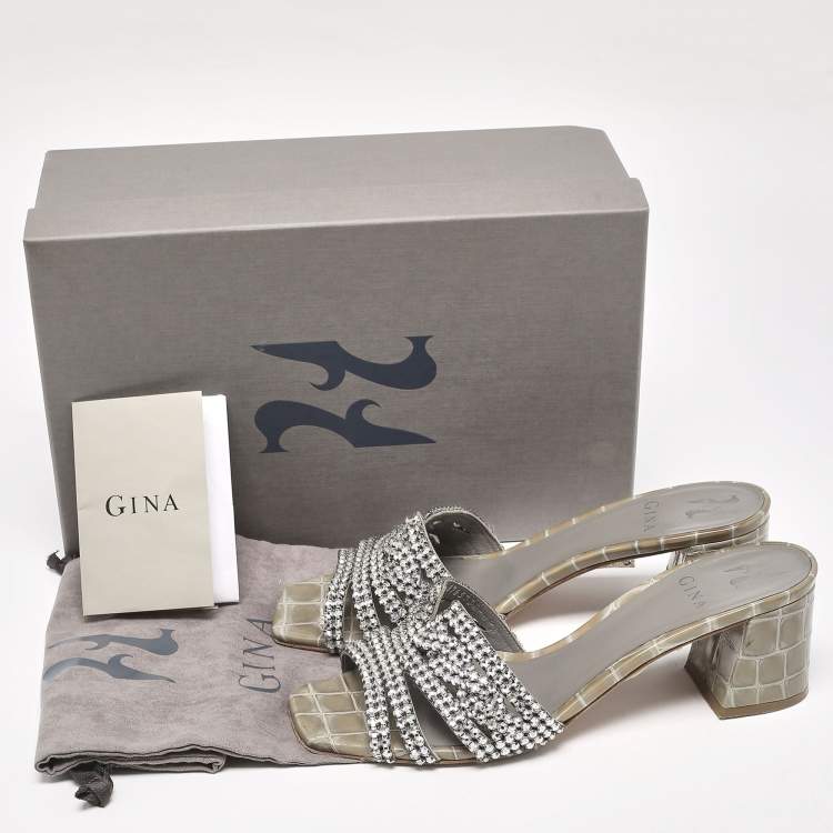 Pre Owned Gina Green Crystal Embellished Croc Embossed Rodeo Slide Sandals Size 39.5