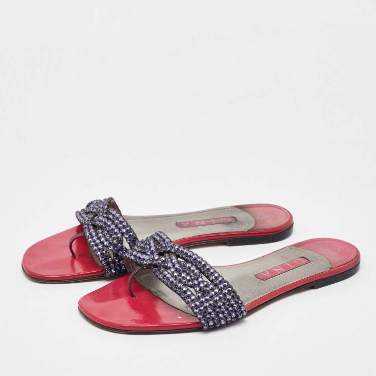 مملوكة مسبقًا Gina Pink Leather Crystal Embellished Flat Slide Sandals Size 40.5