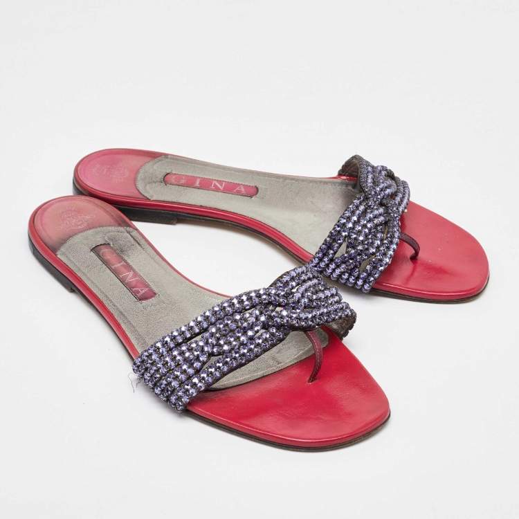 مملوكة مسبقًا Gina Pink Leather Crystal Embellished Flat Slide Sandals Size 40.5