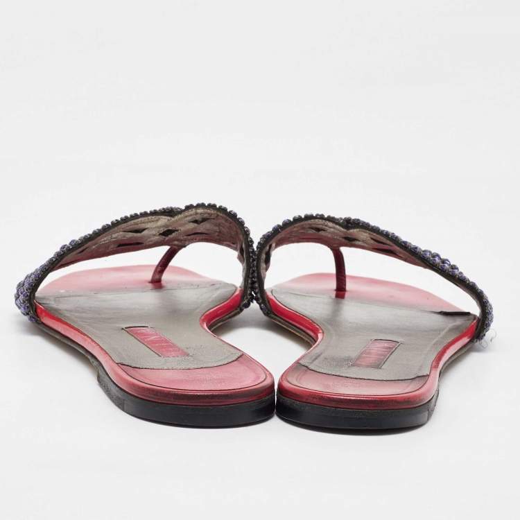 مملوكة مسبقًا Gina Pink Leather Crystal Embellished Flat Slide Sandals Size 40.5